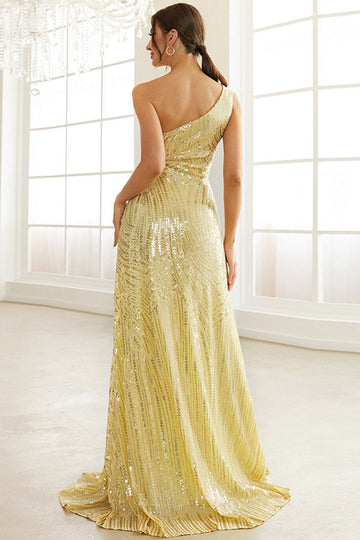 Vestido de lentejuelas un hombro amarillo claro